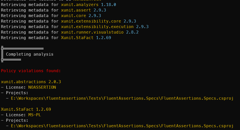 Console output listing the policy violations PackageGuard found, with the license and the projects referencing each package